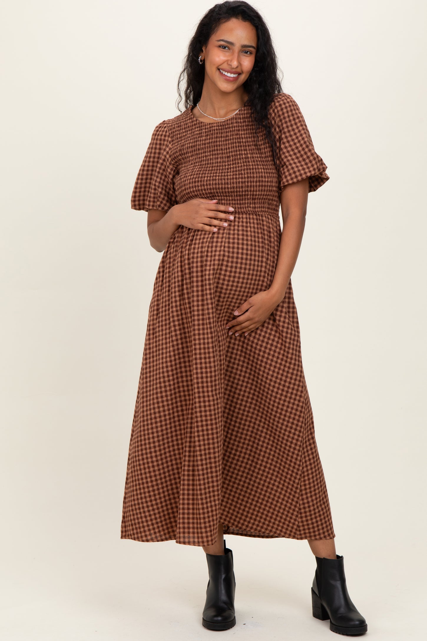 Brown Gingham Smocked Tiered Maternity Midi Dress