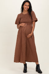 Brown Gingham Smocked Tiered Maternity Midi Dress
