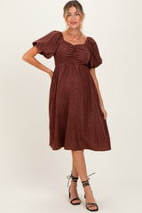 Brown Ruched Sweetheart Neck Maternity Dress