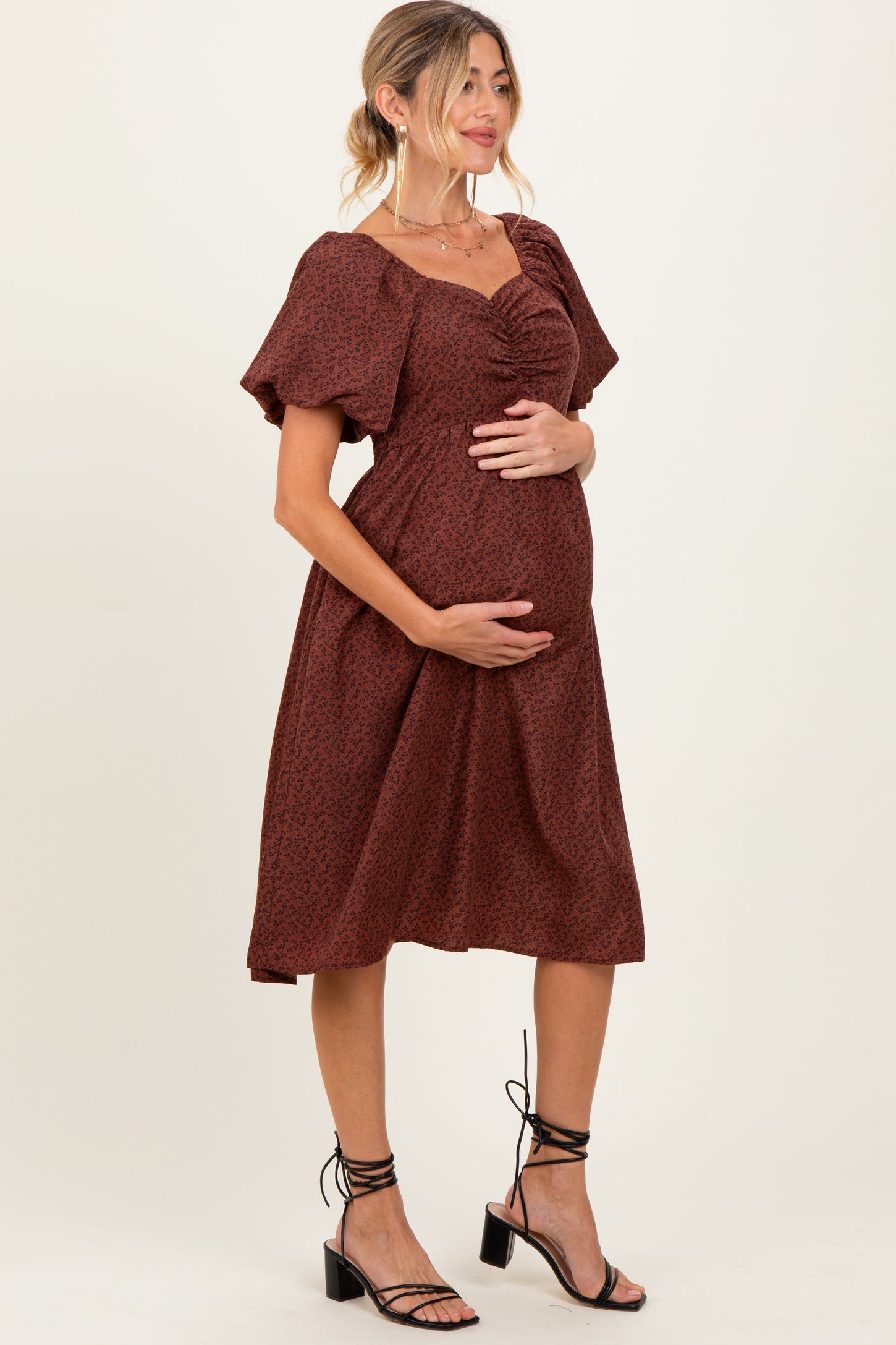 Brown Ruched Sweetheart Neck Maternity Dress
