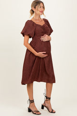 Brown Ruched Sweetheart Neck Maternity Dress