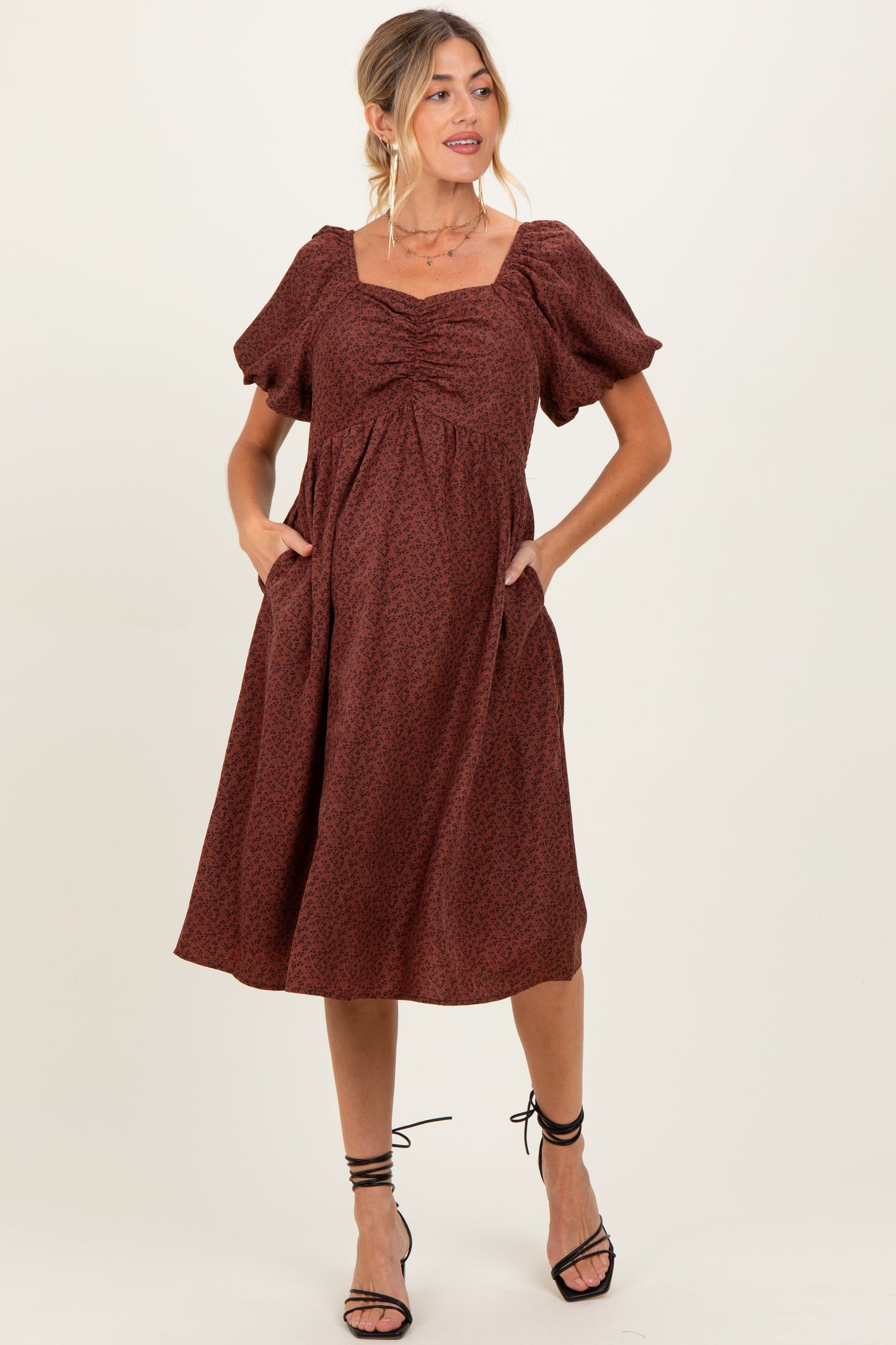 Brown Ruched Sweetheart Neck Maternity Dress