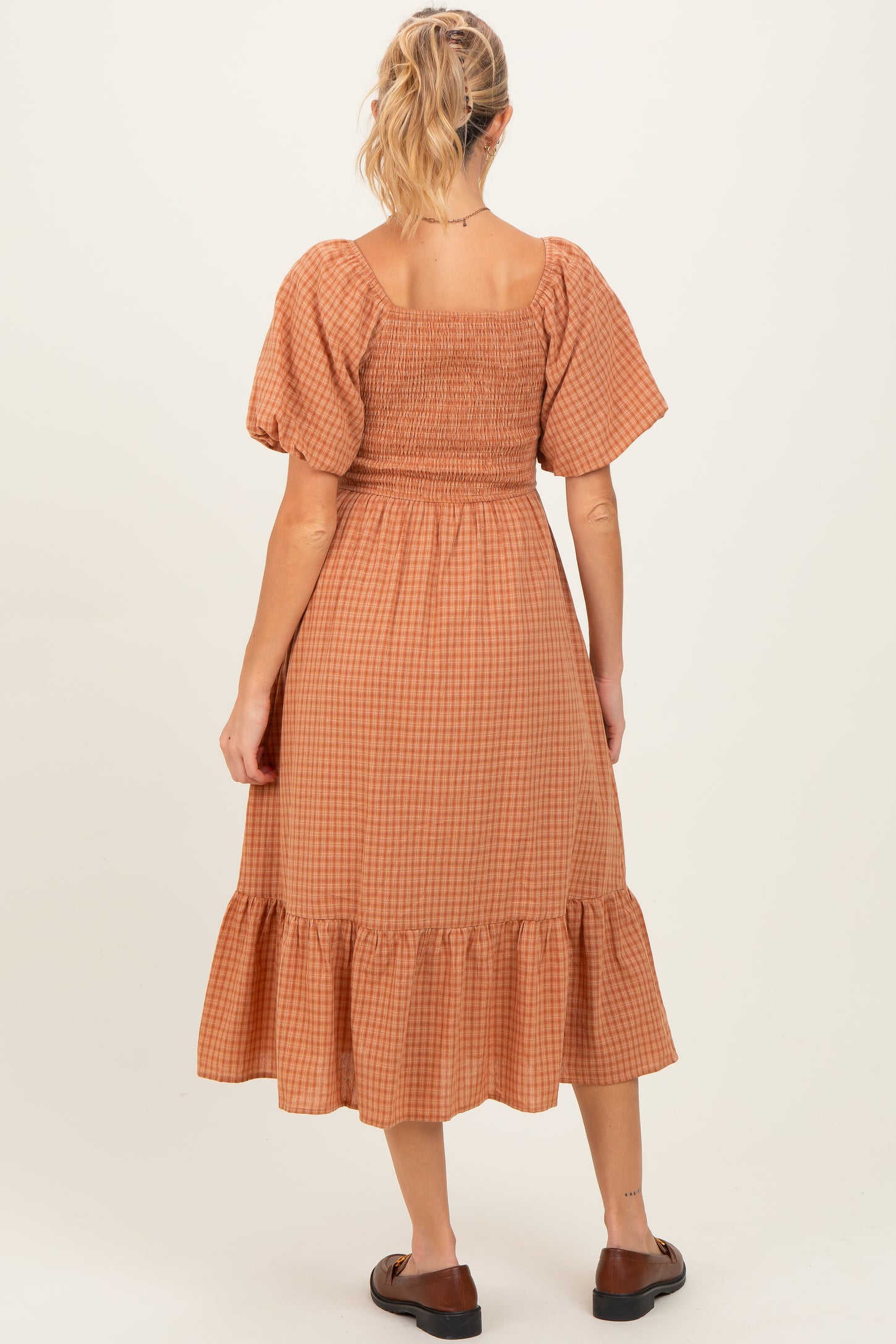 Camel Gingham Smocked Maternity Midi Dress