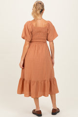 Camel Gingham Smocked Maternity Midi Dress