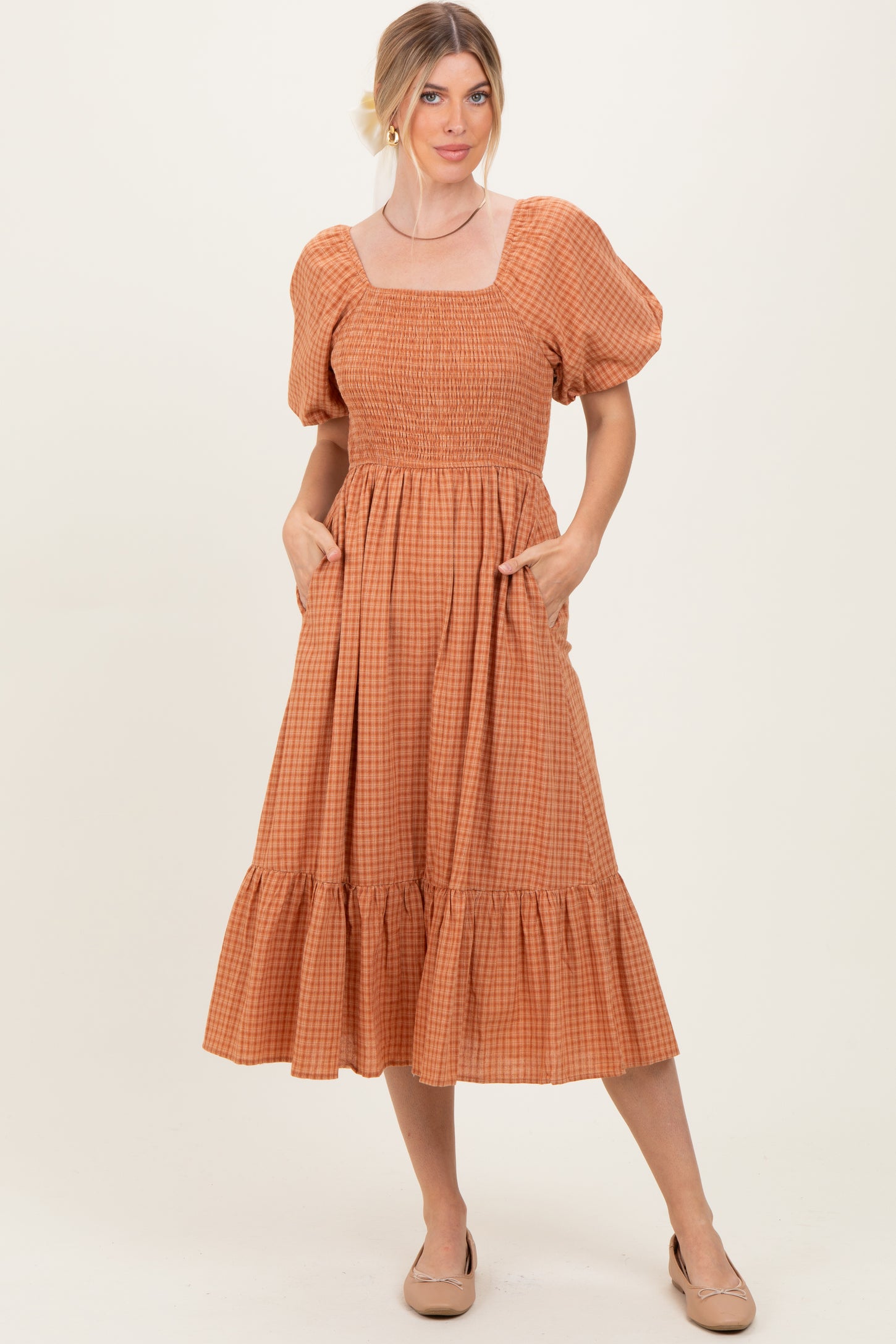 Camel Gingham Smocked Maternity Midi Dress