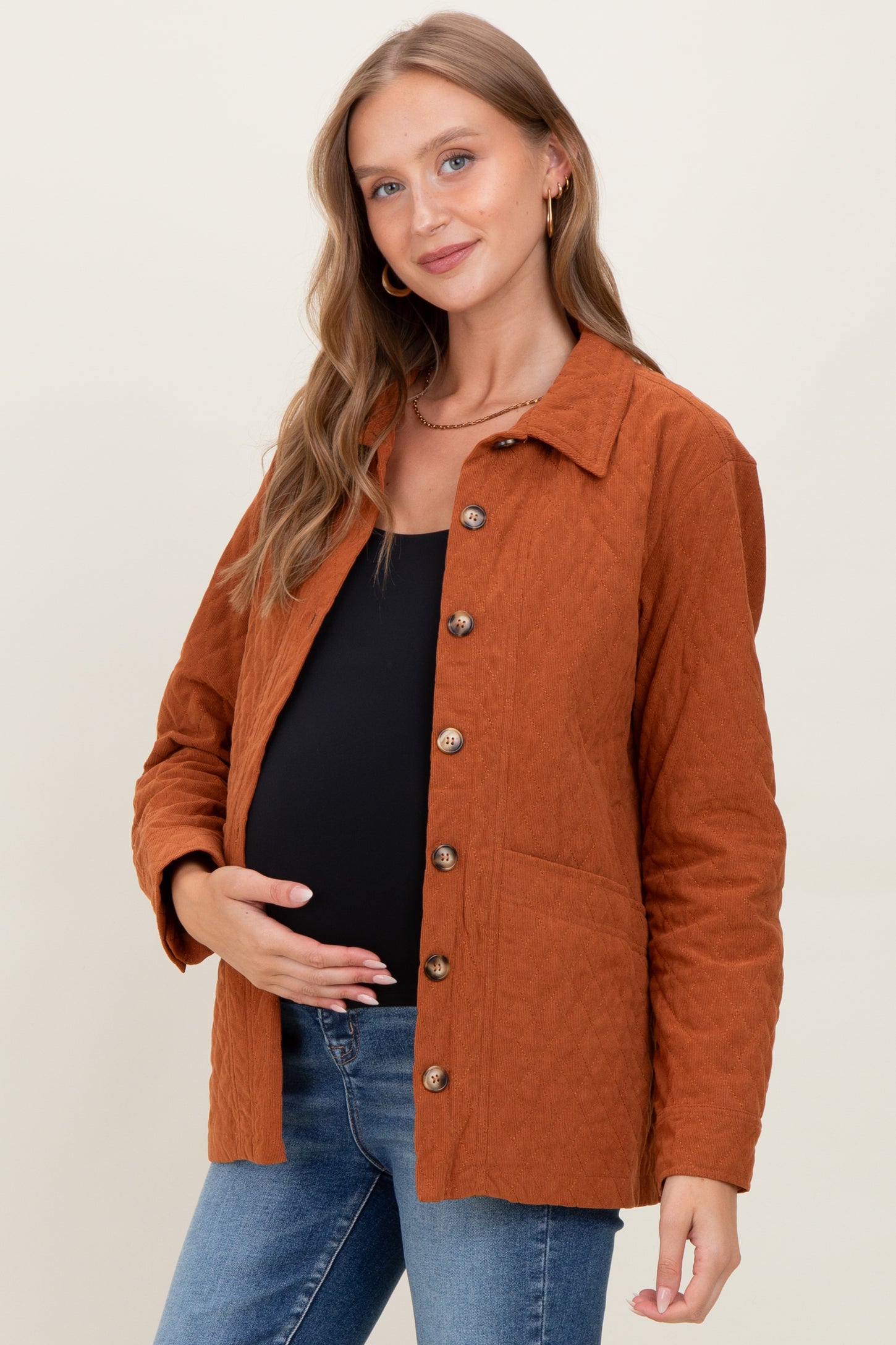 Rust Quilted Button Maternity Jacket