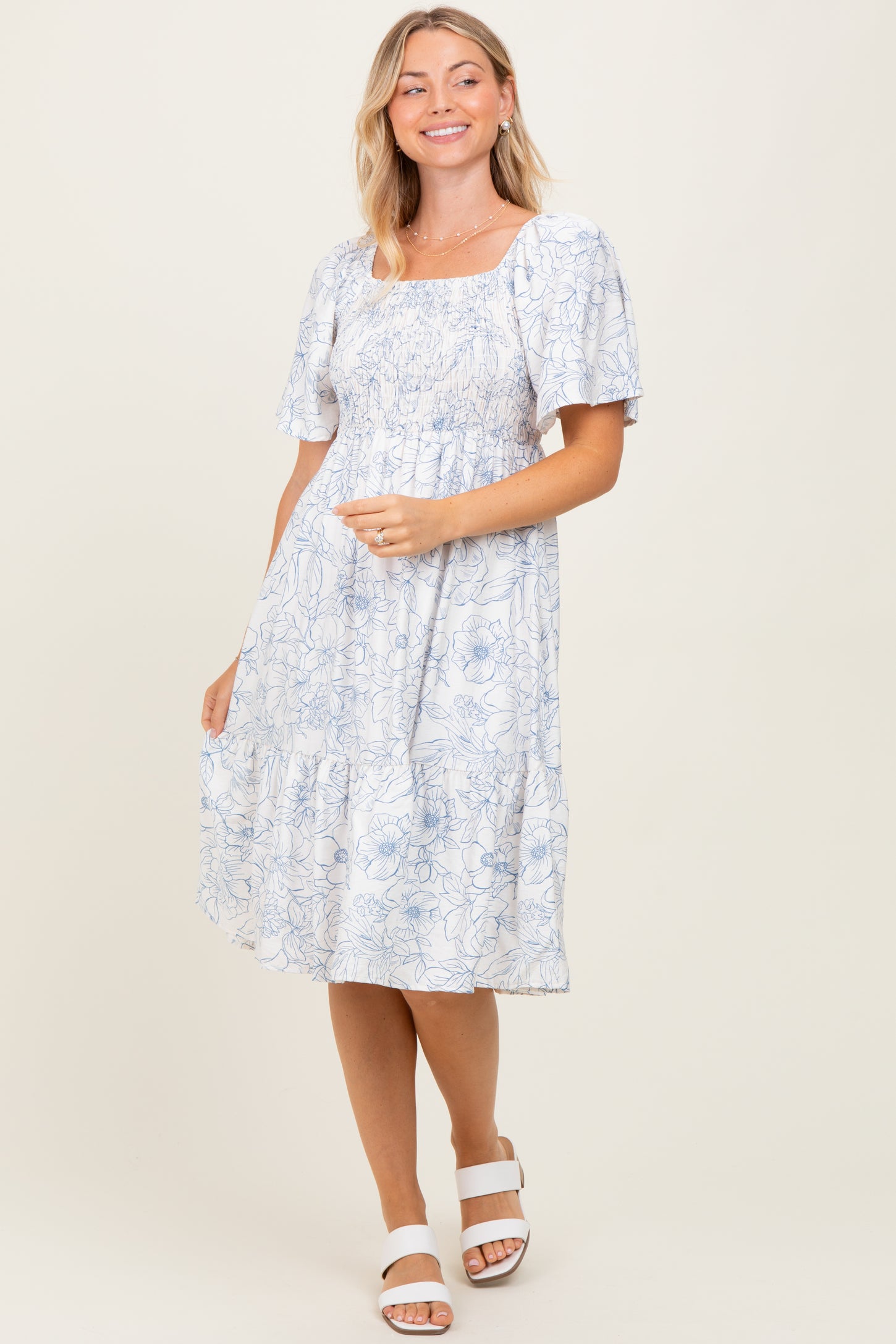 Ivory Floral Smocked Flutter Sleeve Maternity Midi Dress