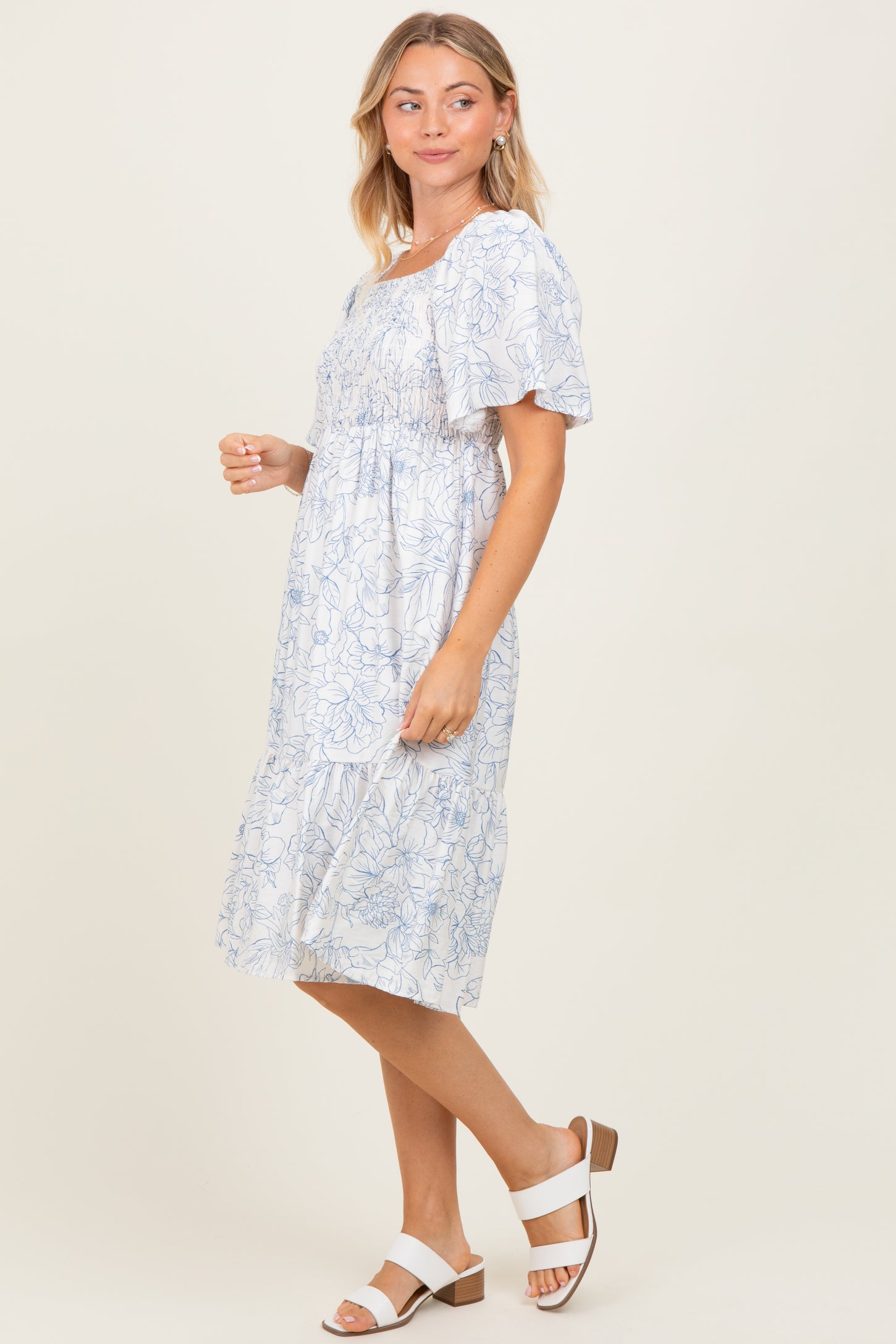 Ivory Floral Smocked Flutter Sleeve Midi Dress