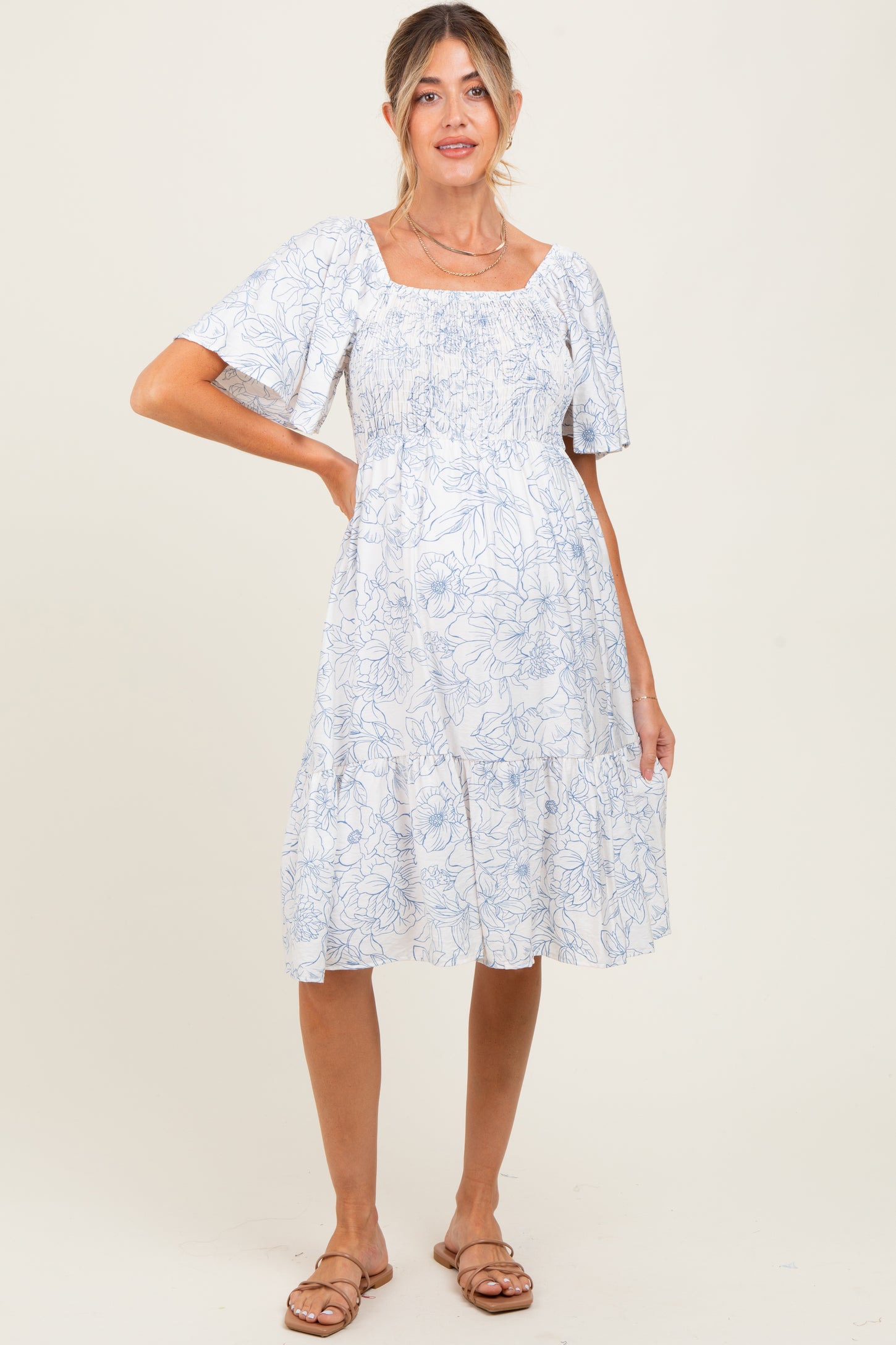 Ivory Floral Smocked Flutter Sleeve Maternity Midi Dress