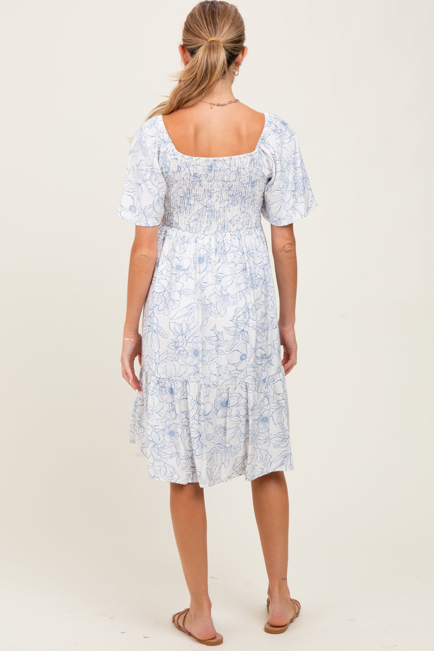 Ivory Floral Smocked Flutter Sleeve Maternity Midi Dress