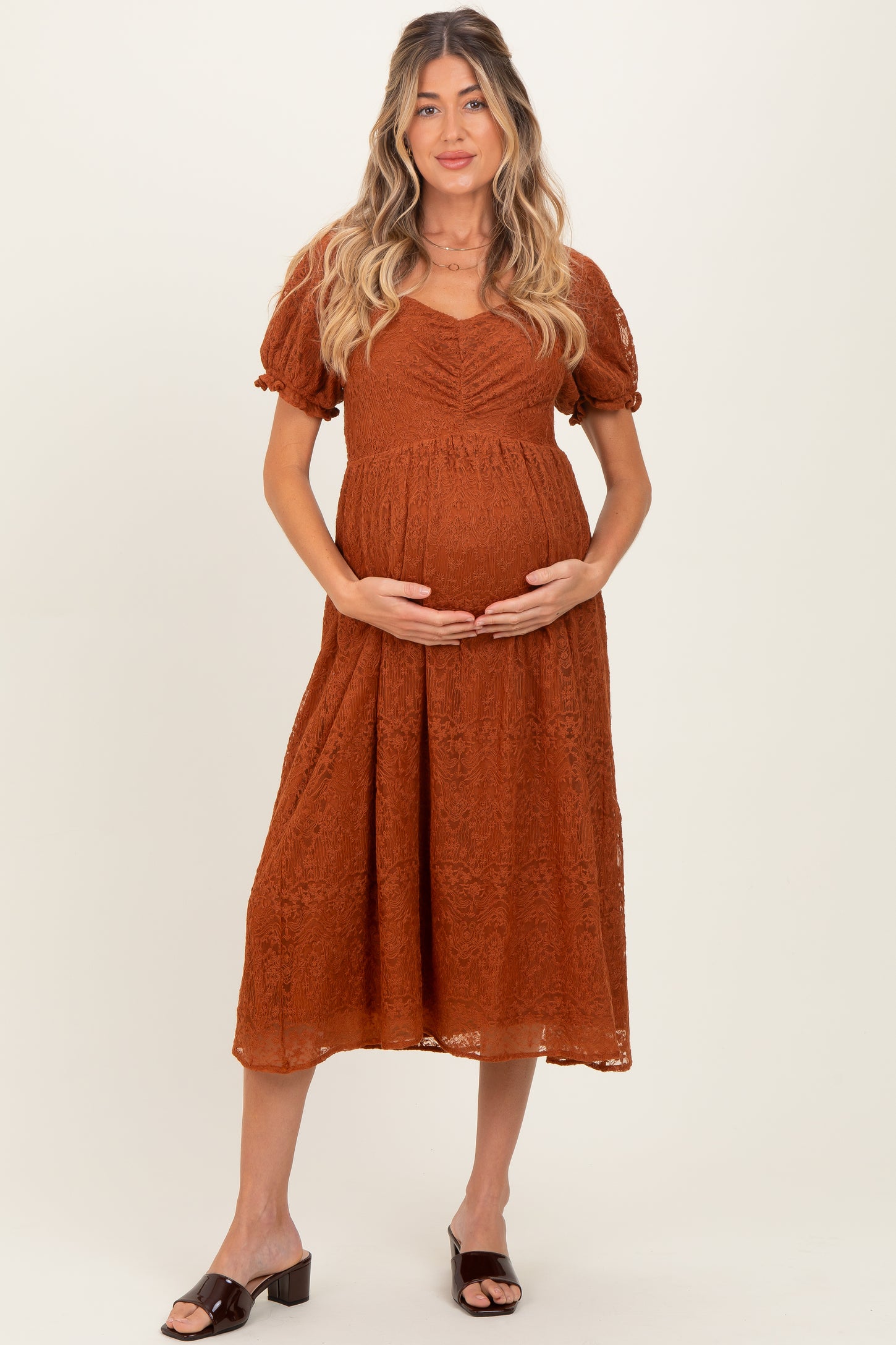 Rust Embroidered Mesh Short Sleeve Maternity Midi Dress