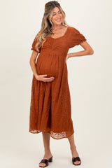 Rust Embroidered Mesh Short Sleeve Maternity Midi Dress