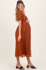 Rust Embroidered Mesh Short Sleeve Maternity Midi Dress