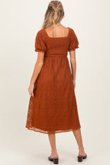 Rust Embroidered Mesh Short Sleeve Maternity Midi Dress