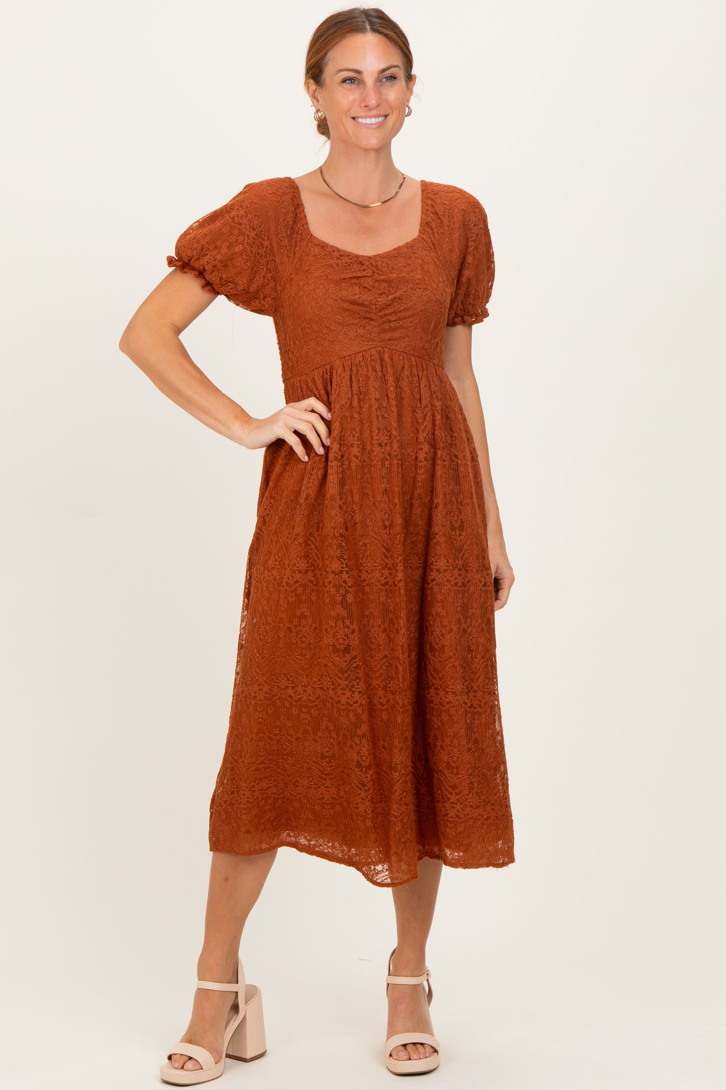 Rust Embroidered Mesh Short Sleeve Maternity Midi Dress Rust Embroidered Mesh Short Sleeve Maternity Midi Dress