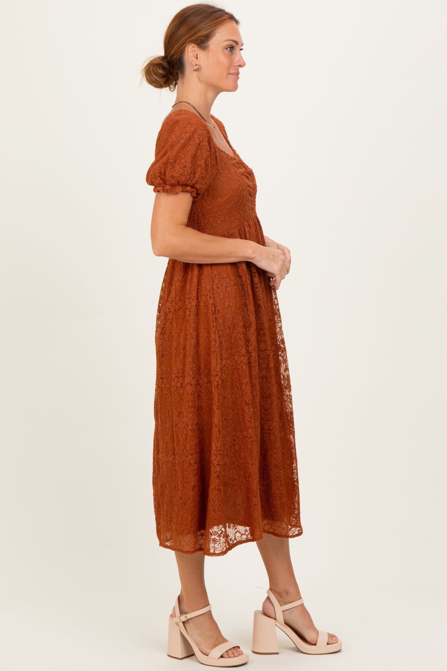 Rust Embroidered Mesh Short Sleeve Midi Dress