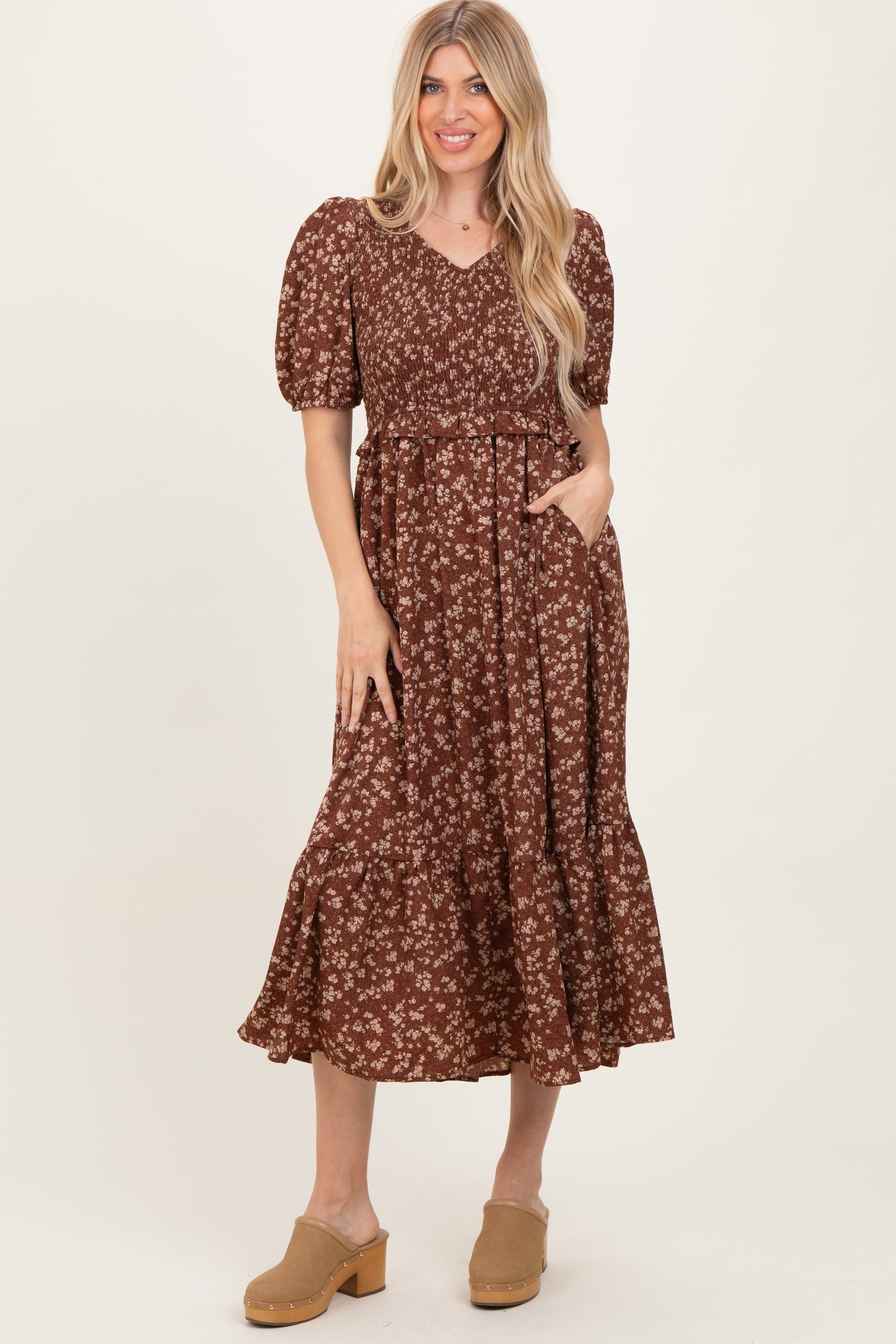 Brown Floral Smocked Short Sleeve Midi Dress