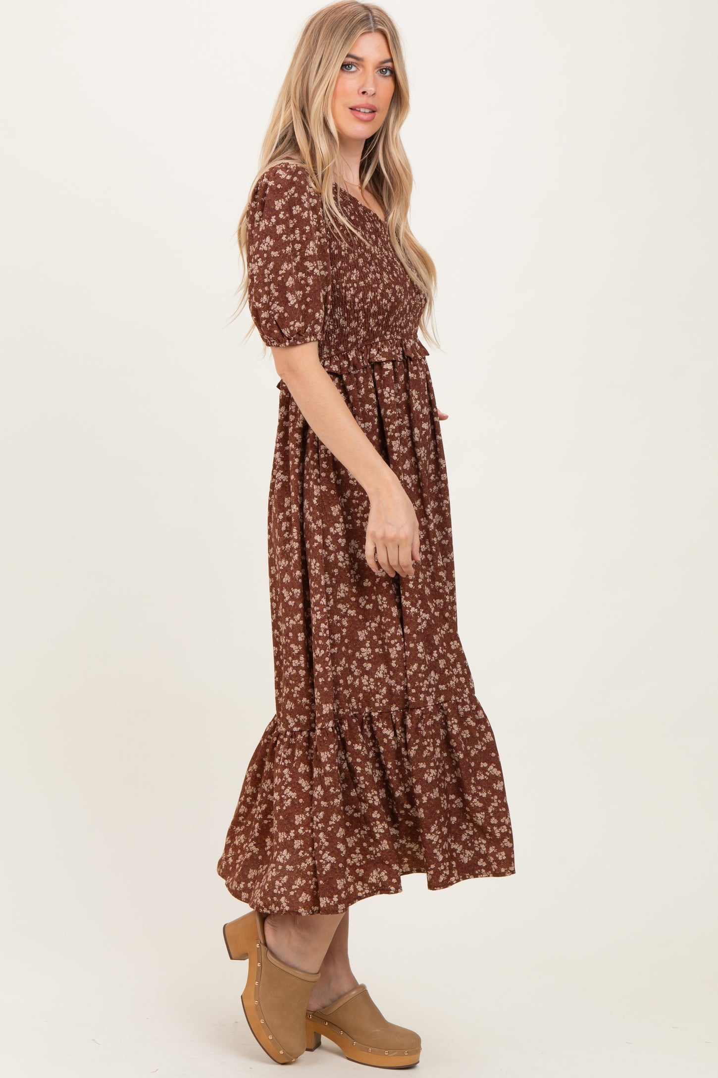 Brown Floral Smocked Short Sleeve Midi Dress