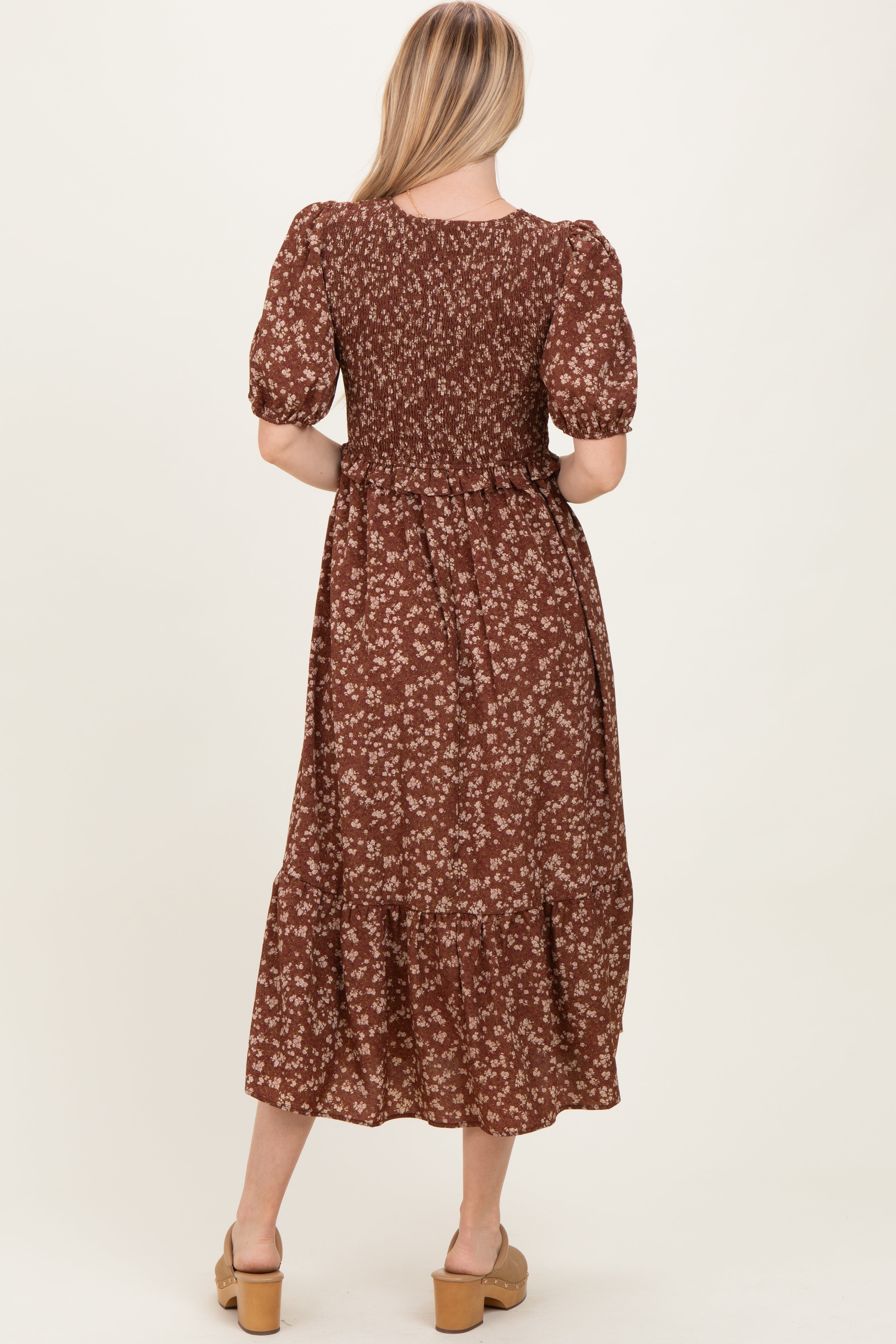 brown floral midi dress Smocked Short Sleeve Color: Multi Afternoon Tea Monique Contrast Maxi Dress Style:SP26124
