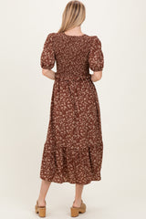 Brown Floral Smocked Short Sleeve Midi Dress