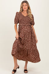 Brown Floral Smocked Short Sleeve Maternity Midi Dress