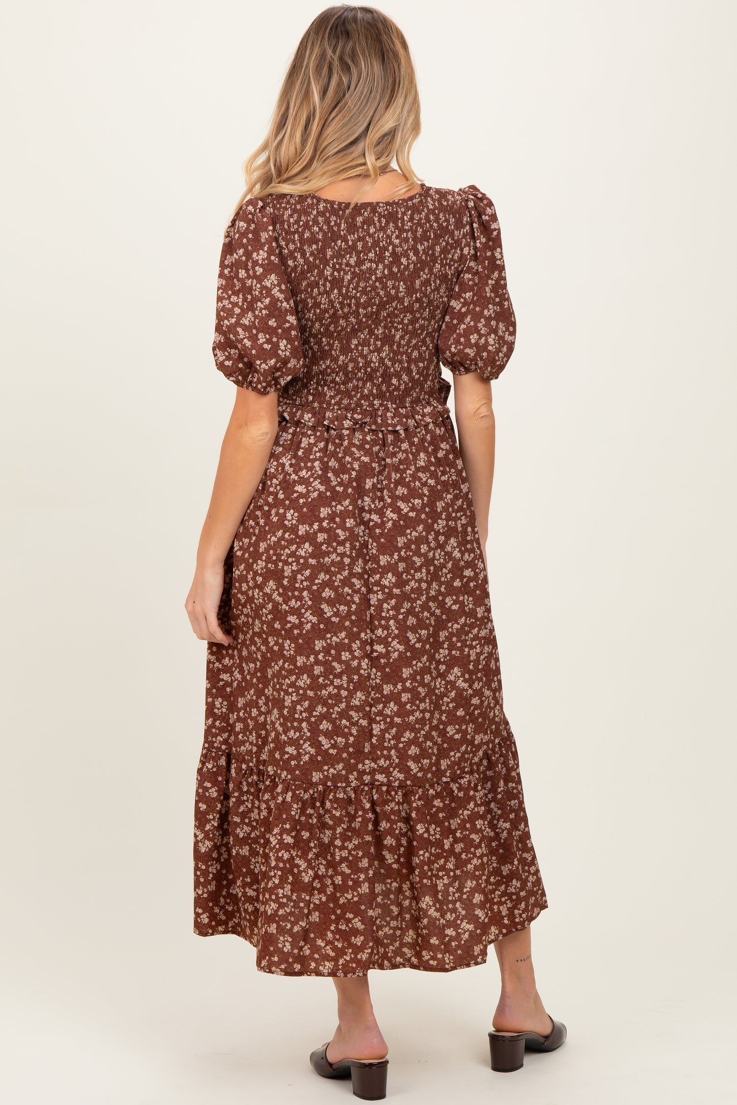Brown Floral Smocked Short Sleeve Maternity Midi Dress – PinkBlush