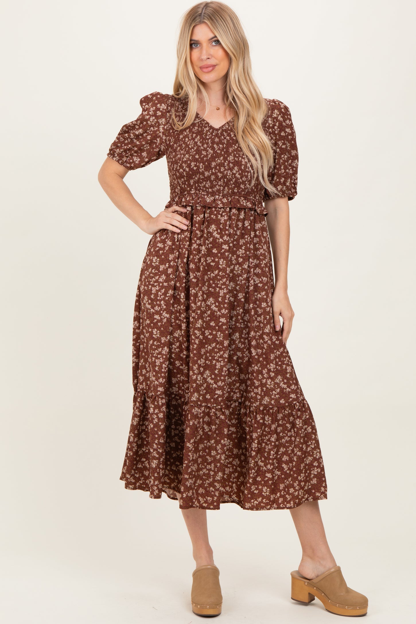 Brown Floral Smocked Short Sleeve Midi Dress Brown Floral Smocked Short Sleeve Midi Dress
