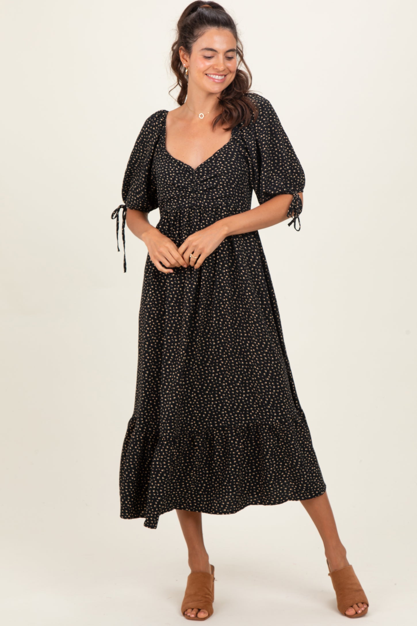 Black Floral Tie Sleeve Midi Dress