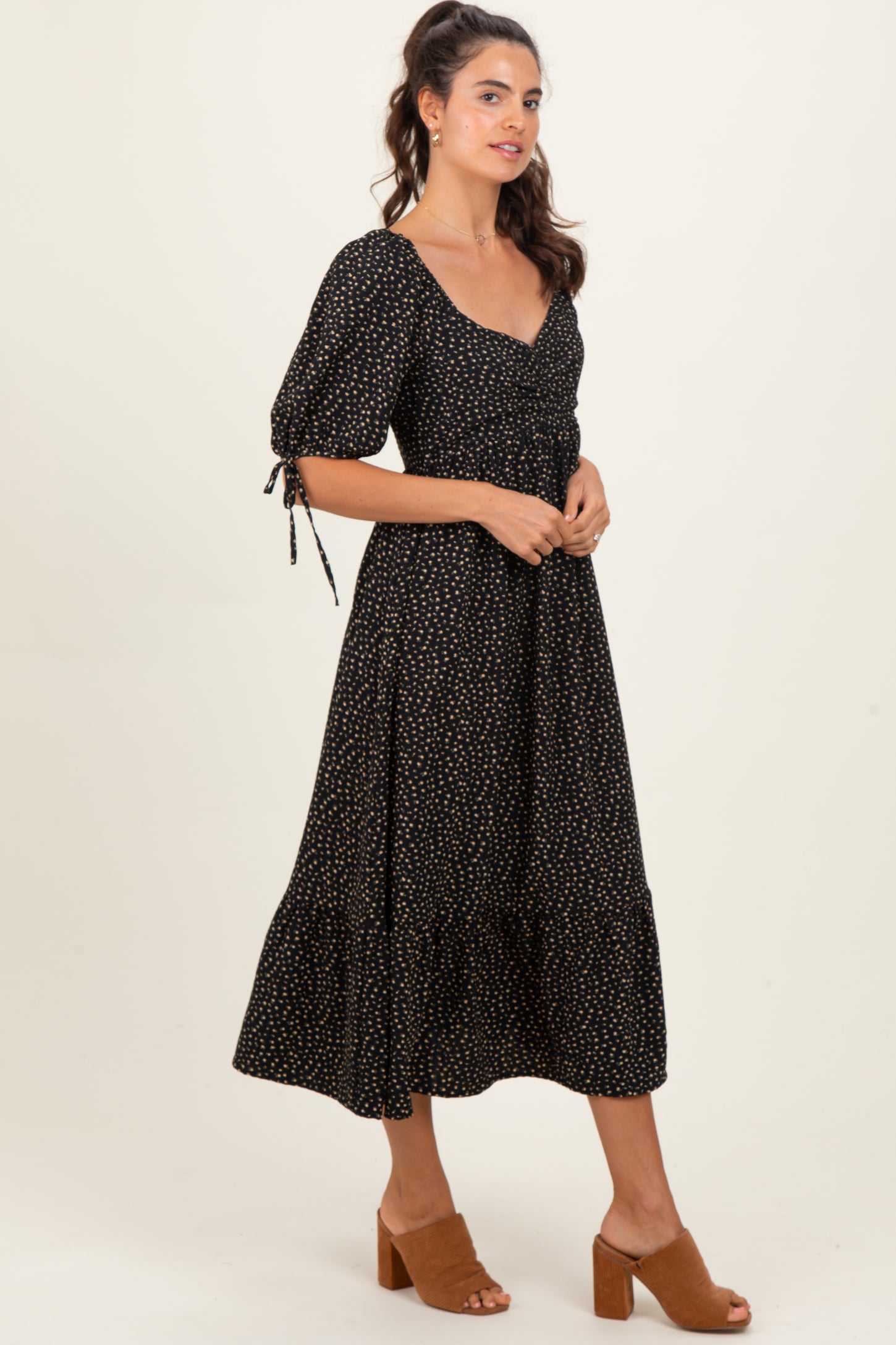 Black Floral Tie Sleeve Midi Dress