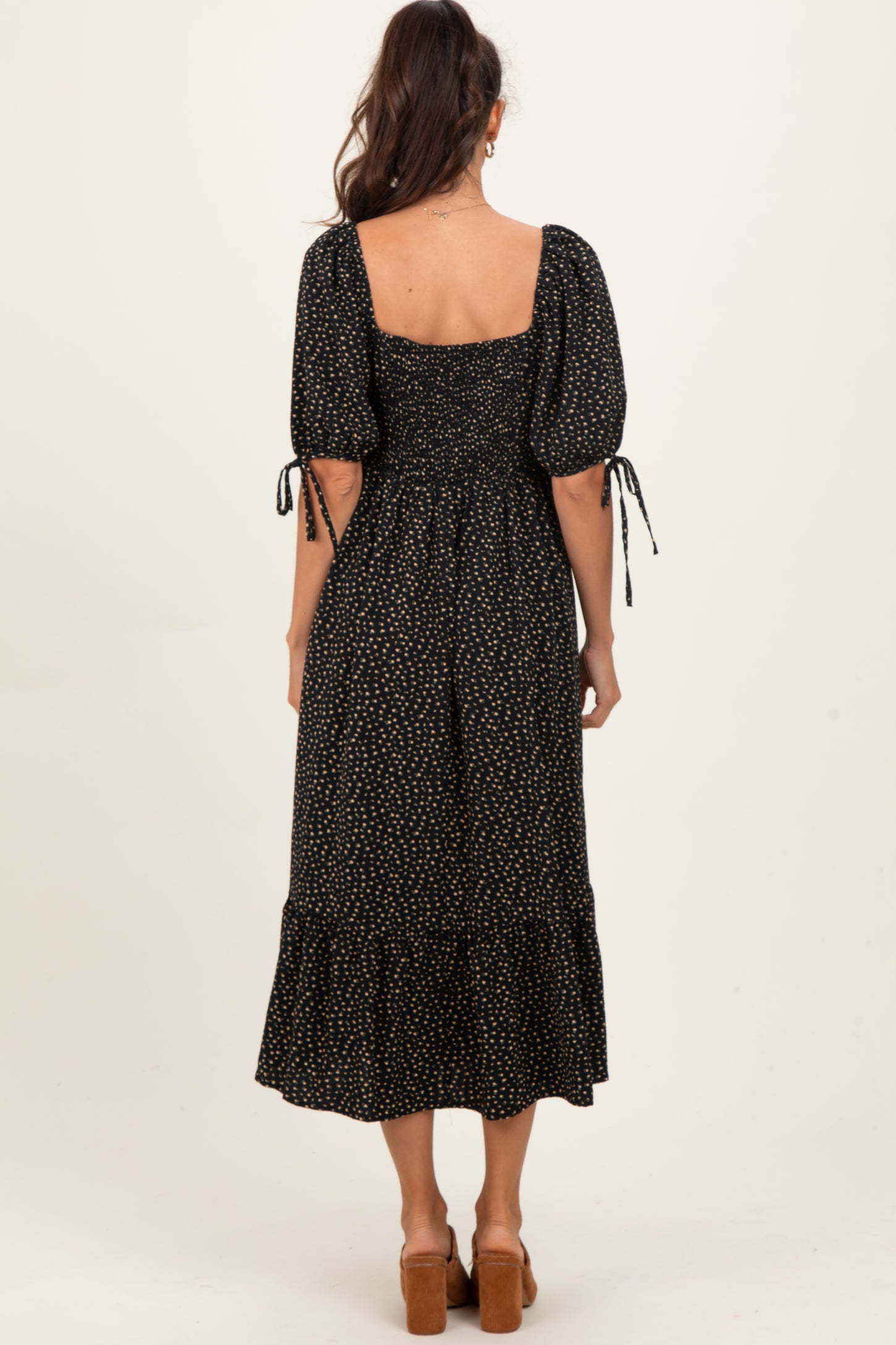 Black Floral Tie Sleeve Midi Dress