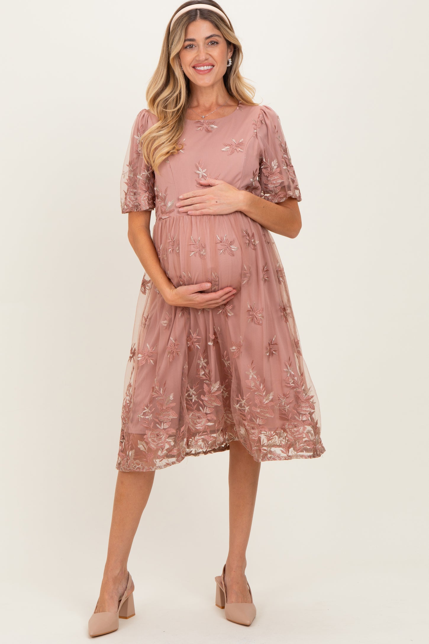 Light Pink Floral Embroidered Mesh Maternity Midi Dress PinkBlush Light Pink Floral Embroidered Mesh Maternity Midi Dress PinkBlush