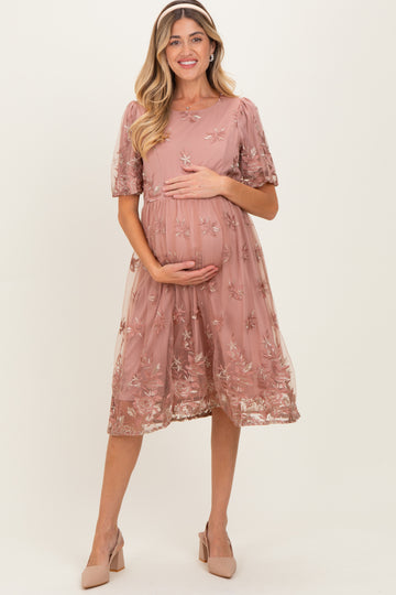 Light Pink Floral Embroidered Mesh Maternity Midi Dress