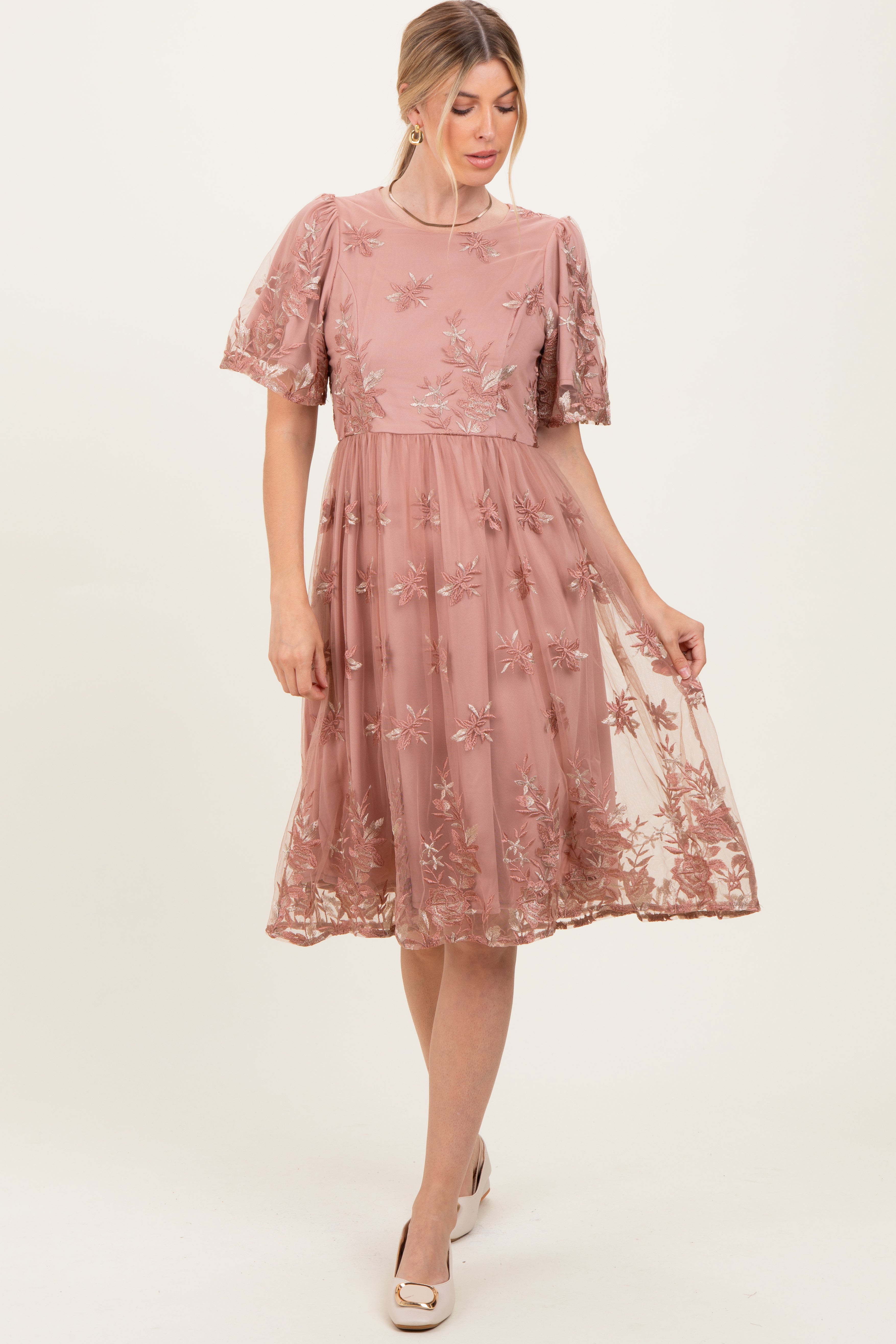 Light Pink Floral Embroidered Mesh Midi Dress – PinkBlush