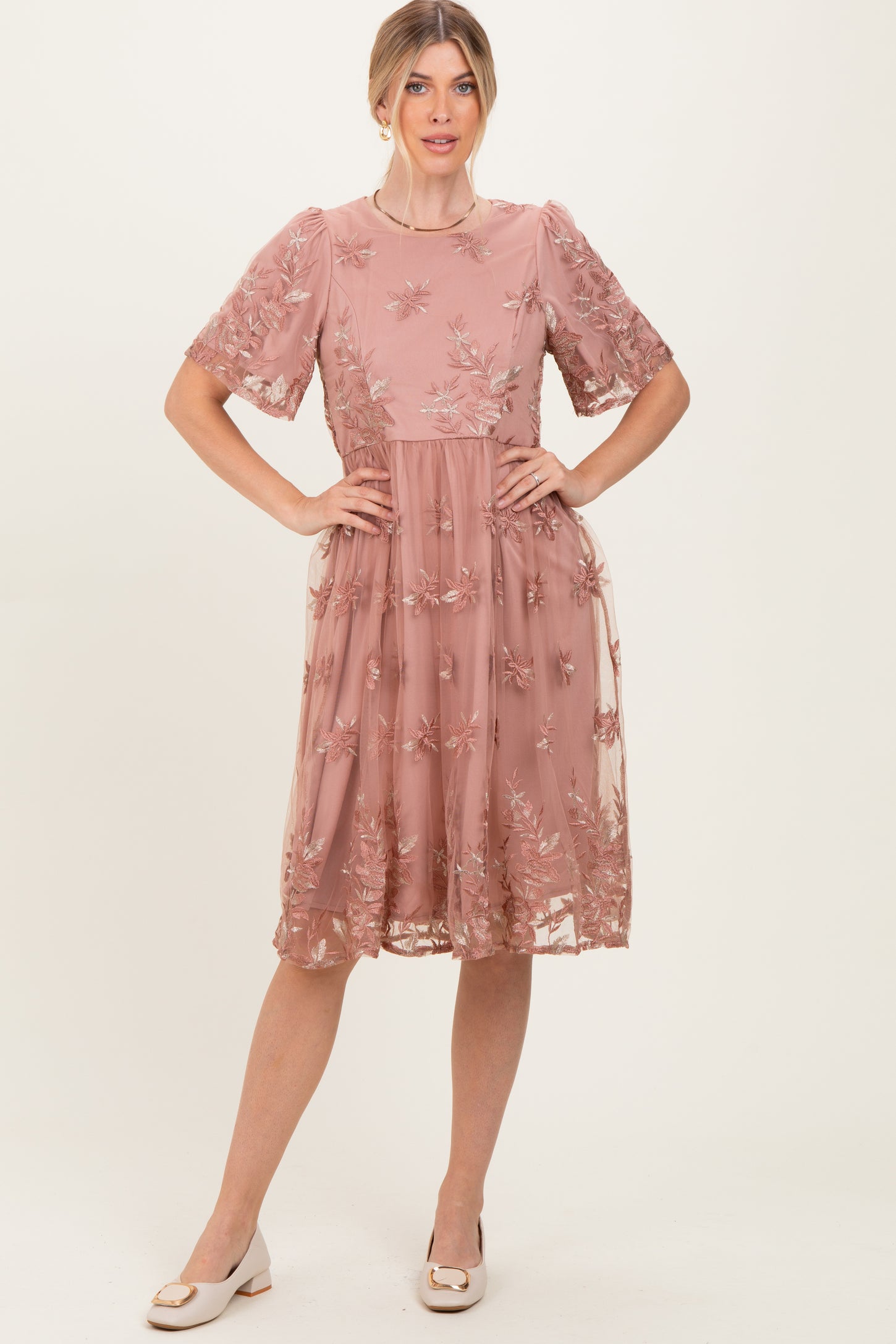 Light Pink Floral Embroidered Mesh Midi Dress
