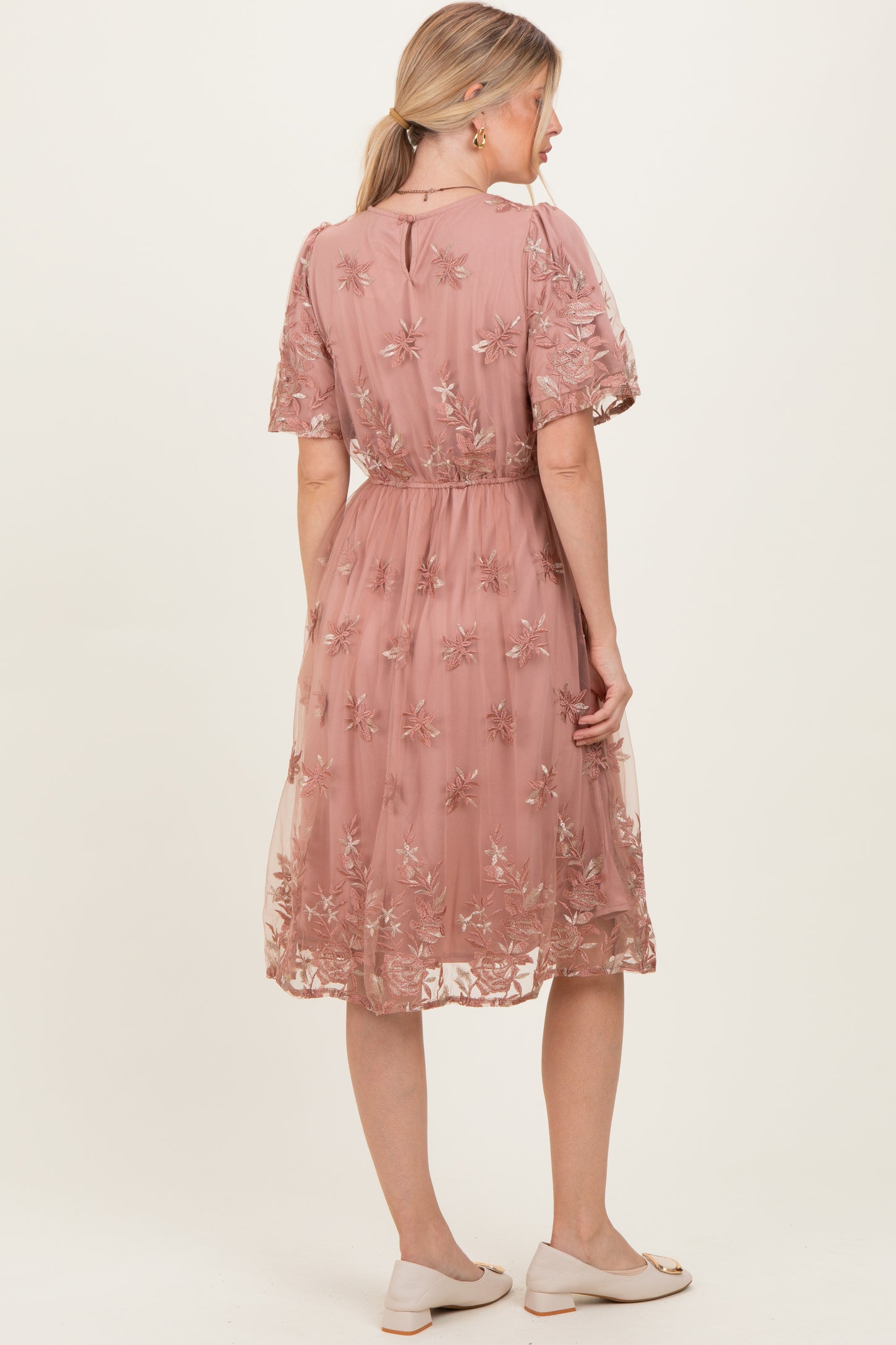 Light Pink Floral Embroidered Mesh Midi Dress