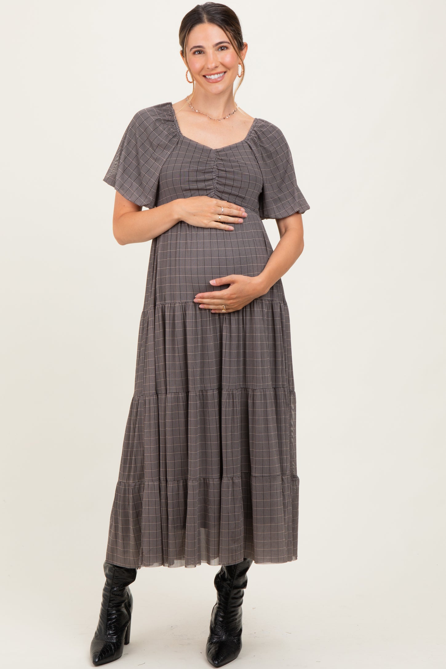 Black Plaid Mesh Tiered Maternity Maxi Dress