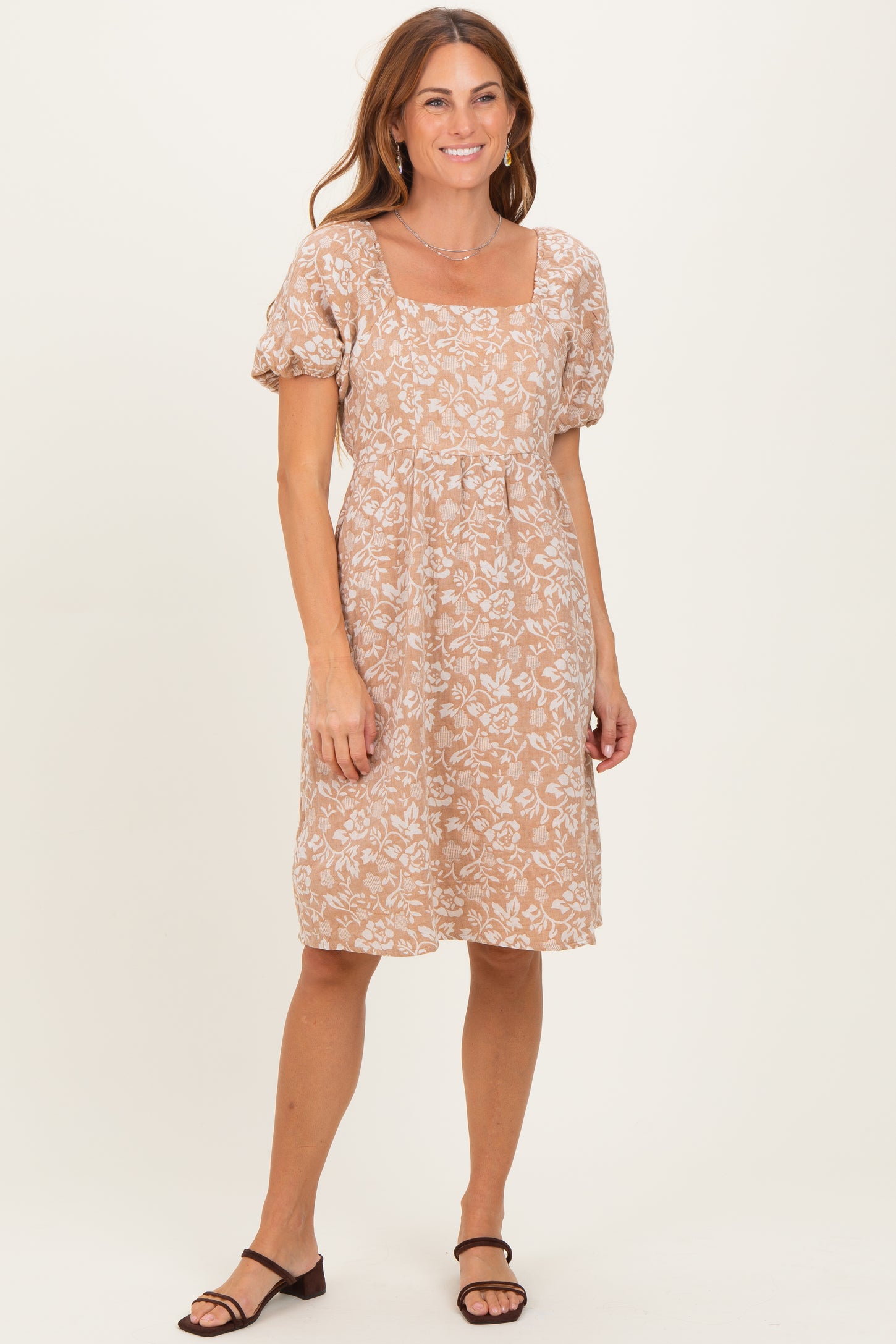 Taupe Floral Jacquard Square Neck Dress