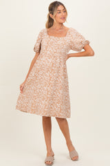 Taupe Floral Jacquard Square Neck Maternity Dress