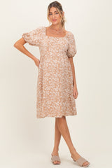 Taupe Floral Jacquard Square Neck Maternity Dress