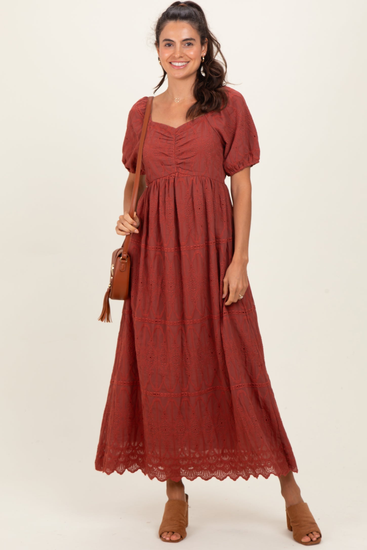 Rust Floral Embroidered Chiffon Midi Dress Rust Floral Embroidered Chiffon Midi Dress