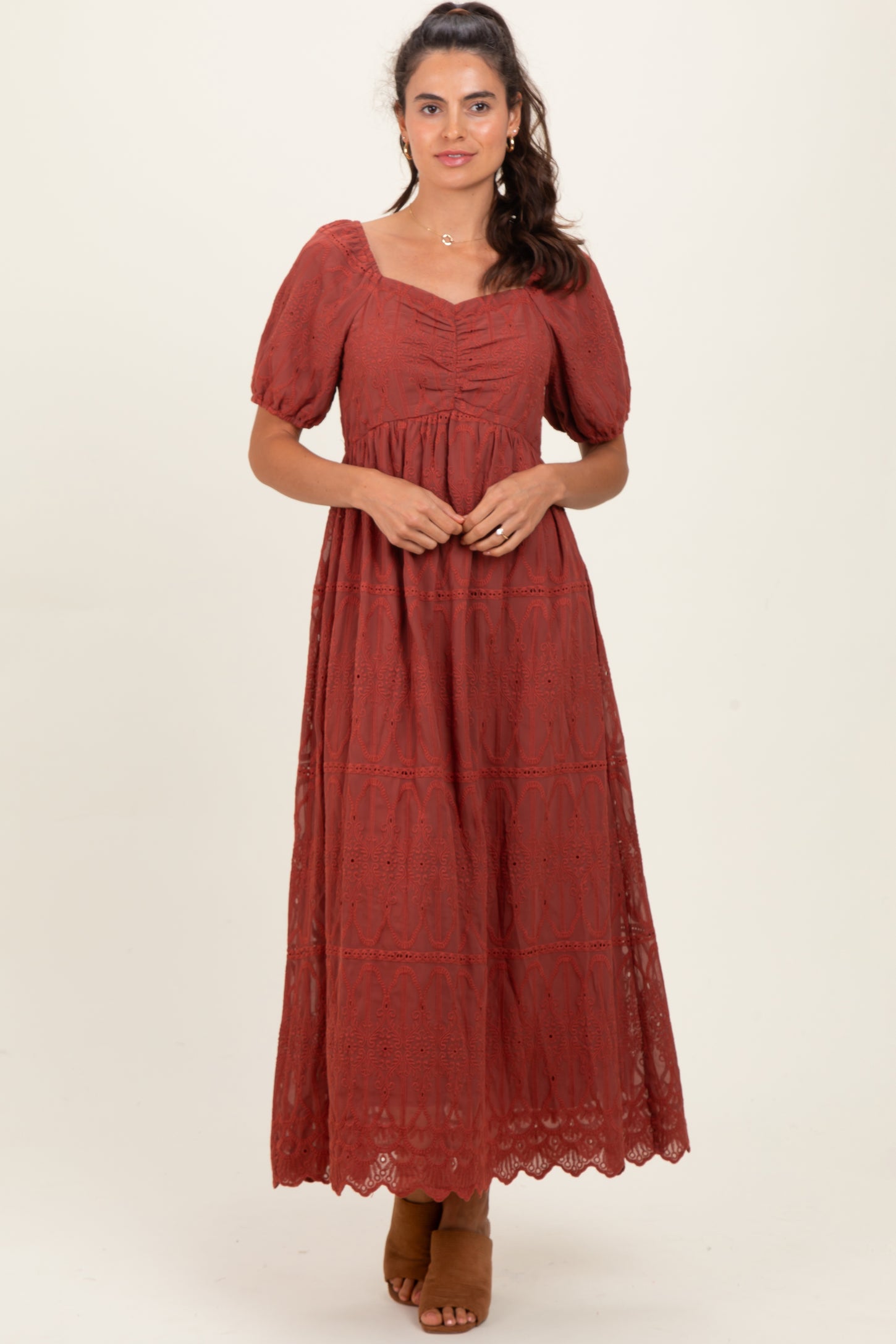 rust embroidered dress Arianwen Embroidered Puff Sleeve Midaxi Dress