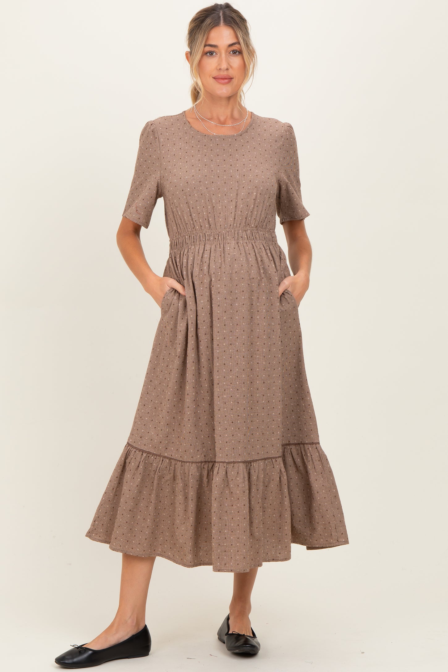 Brown Houndstooth Lace Maternity Midi Dress