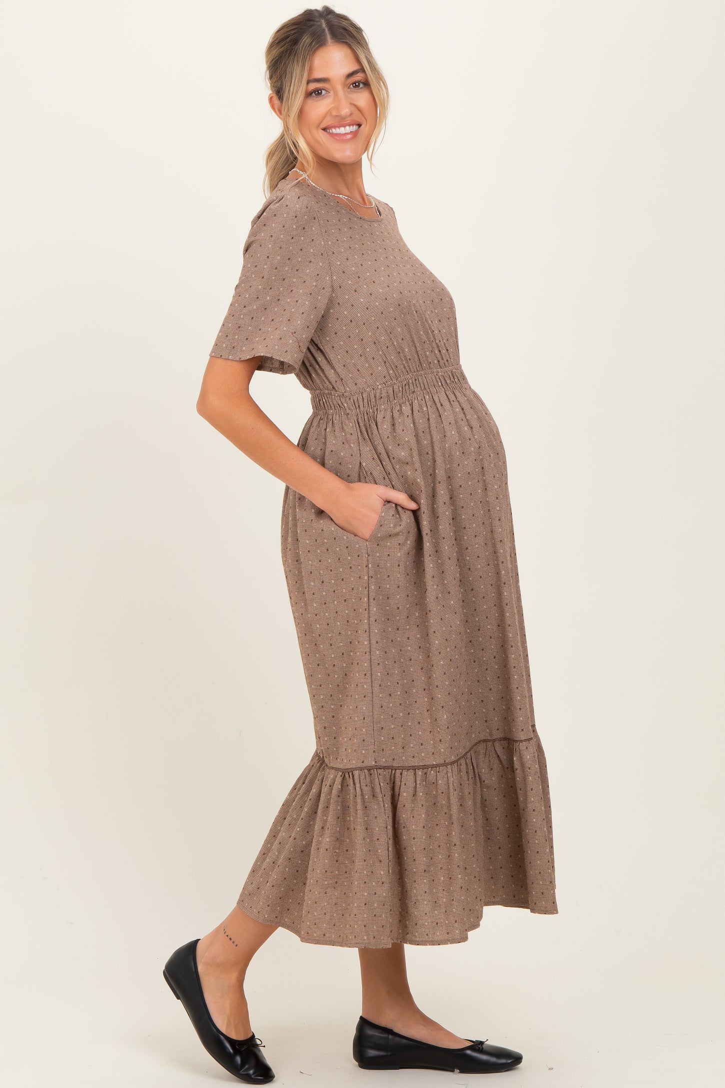 Brown Houndstooth Lace Maternity Midi Dress PinkBlush Brown Houndstooth Lace Maternity Midi Dress PinkBlush