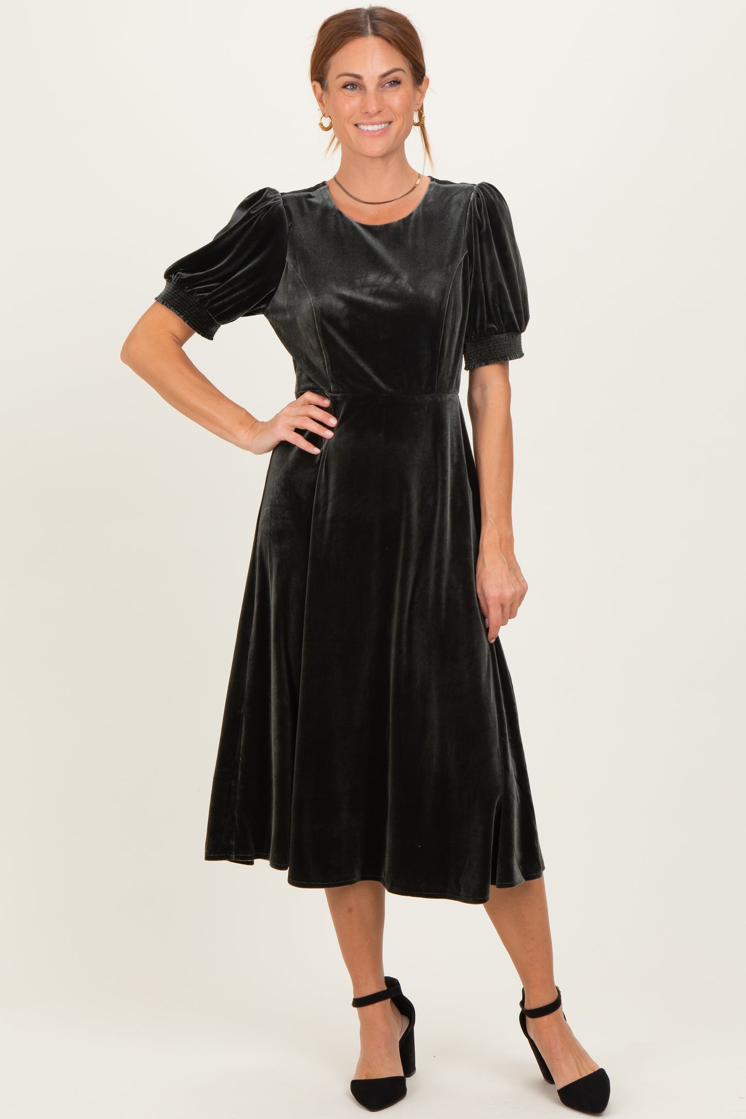 Olive Velvet Short Sleeve Maternity Midi Dress