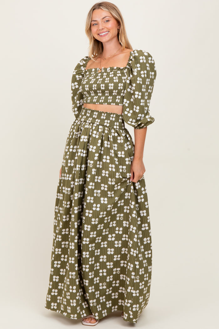 Olive Printed Smocked Crop Top Maxi Skirt Set