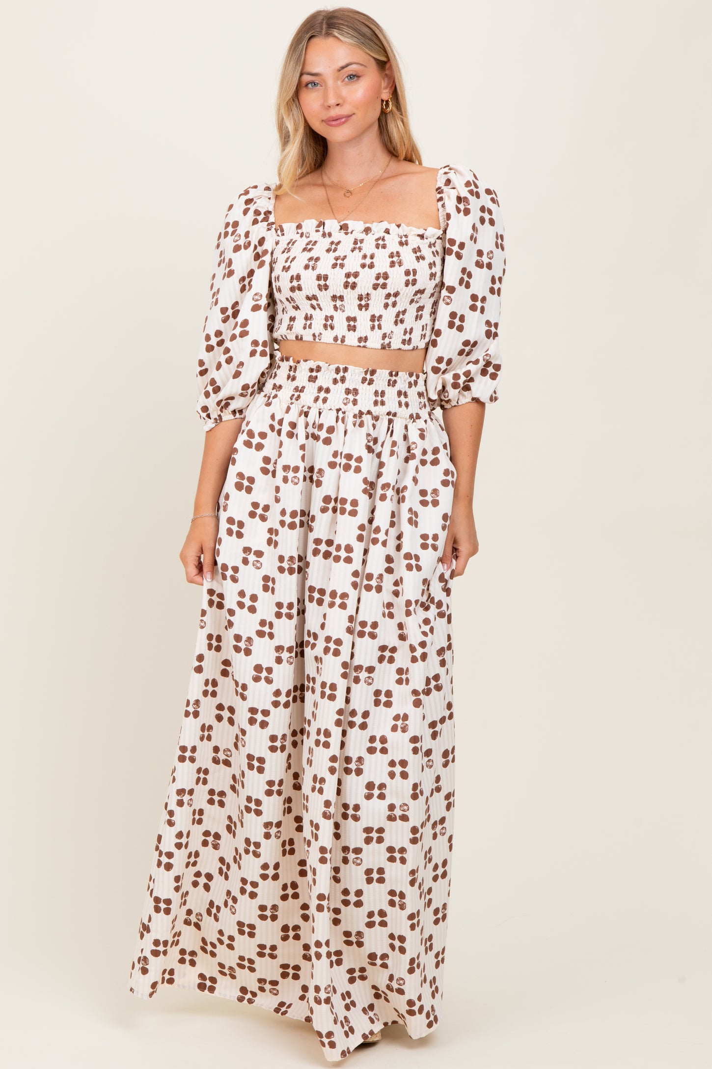Brown Printed Smocked Crop Top Maxi Skirt Maternity Set