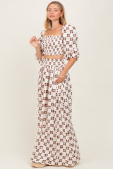 Brown Printed Smocked Crop Top Maxi Skirt Set