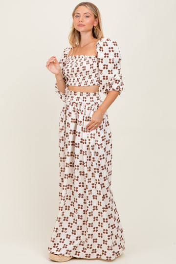 Brown Printed Smocked Crop Top Maxi Skirt Set