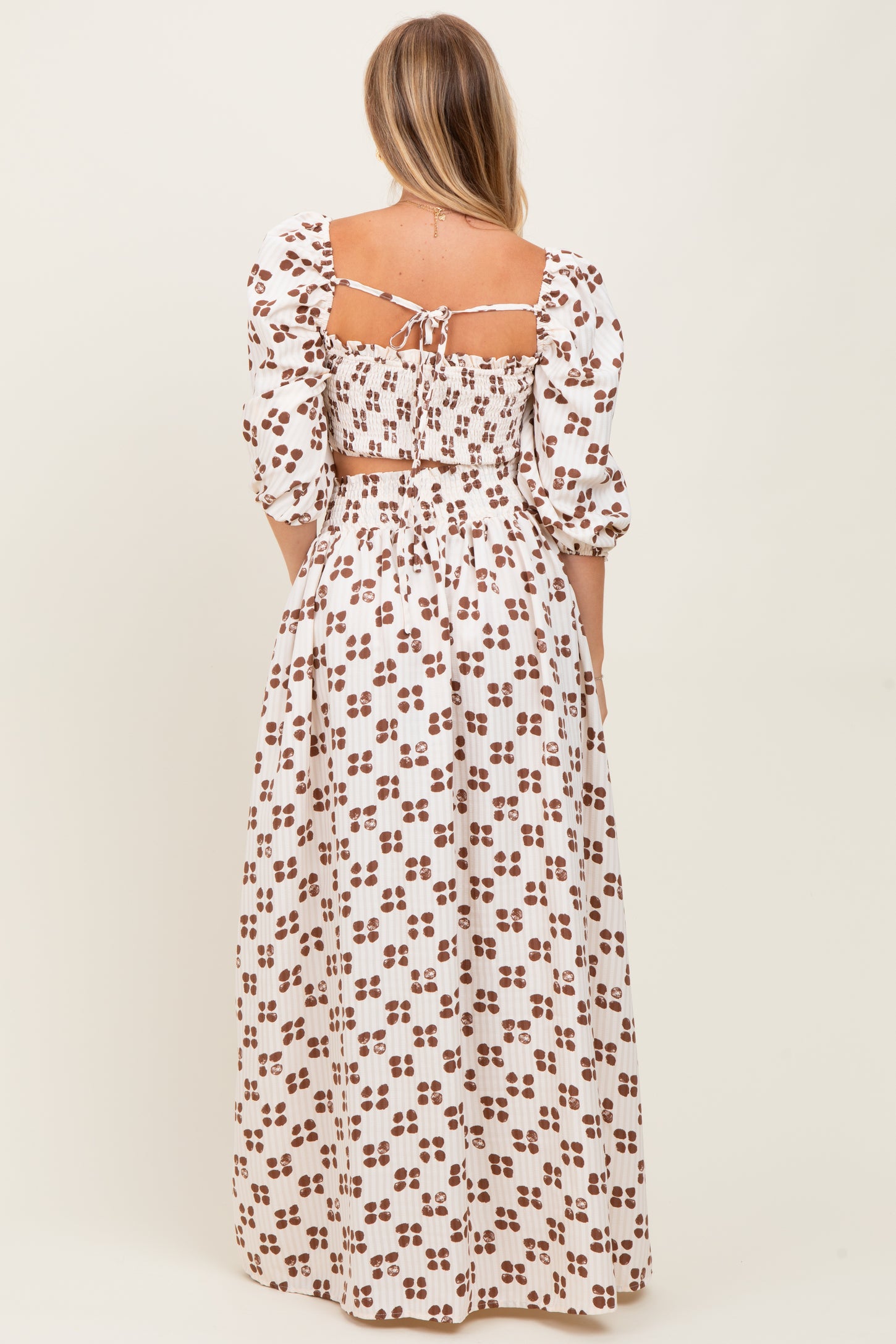 Brown Printed Smocked Crop Top Maxi Skirt Set