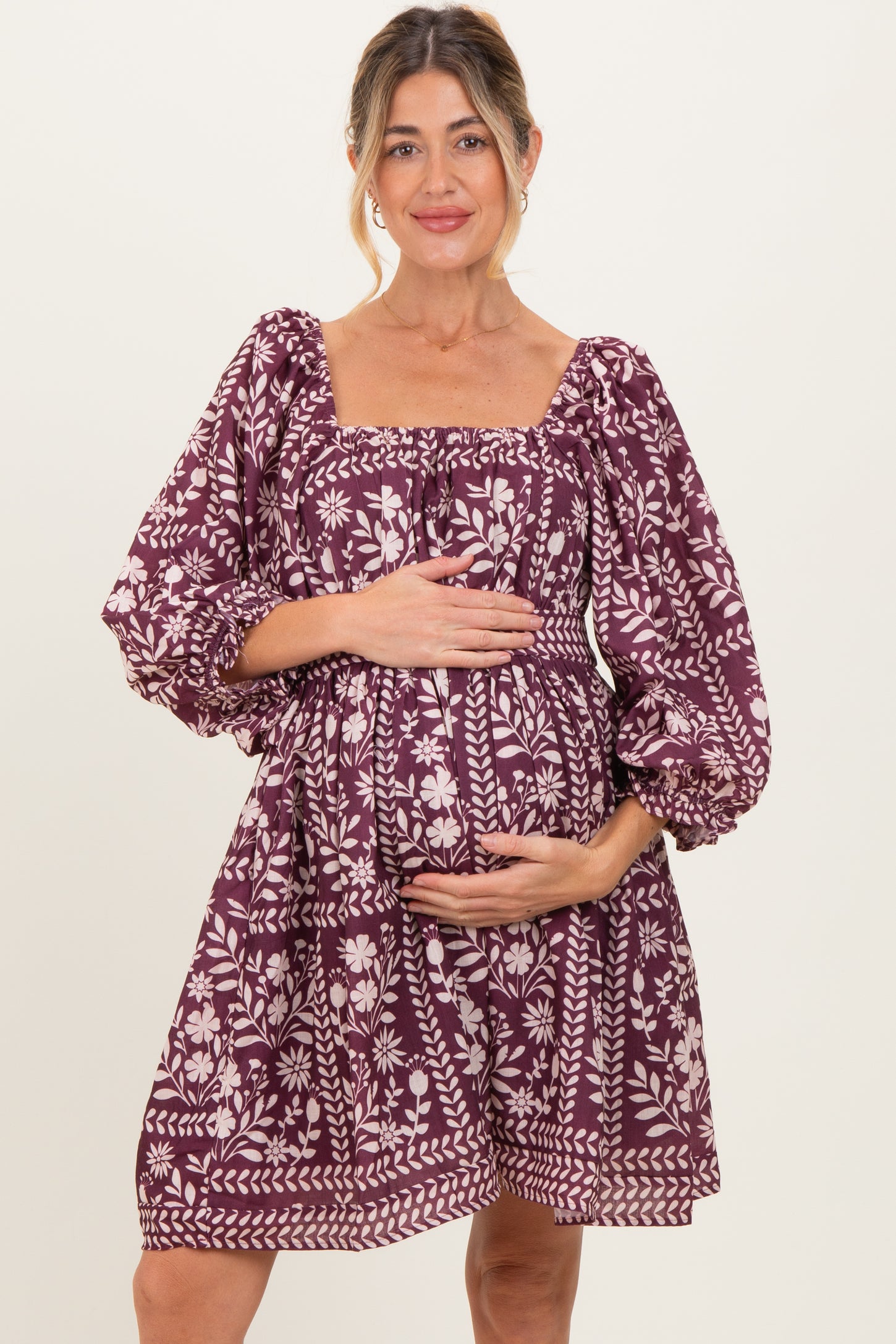Plum Floral Square Neck Bubble Sleeve Maternity Dress
